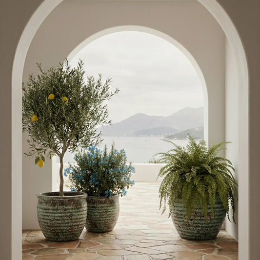 Green Atlantis ribbed pot by The Nurso, showing textured ceramic surface and round shape for indoor or outdoor plants.