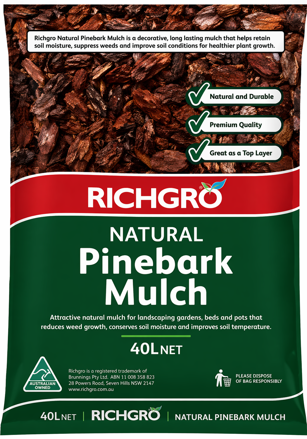 Pine bark mulch 40L bag from Richgro, with natural pine bark pieces ideal for garden mulching and soil moisture retention