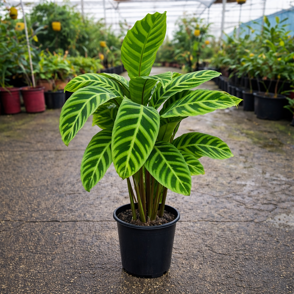 Calathea zebrina plant by The Nurso with striking variegated green and silver striped leaves in a pot.