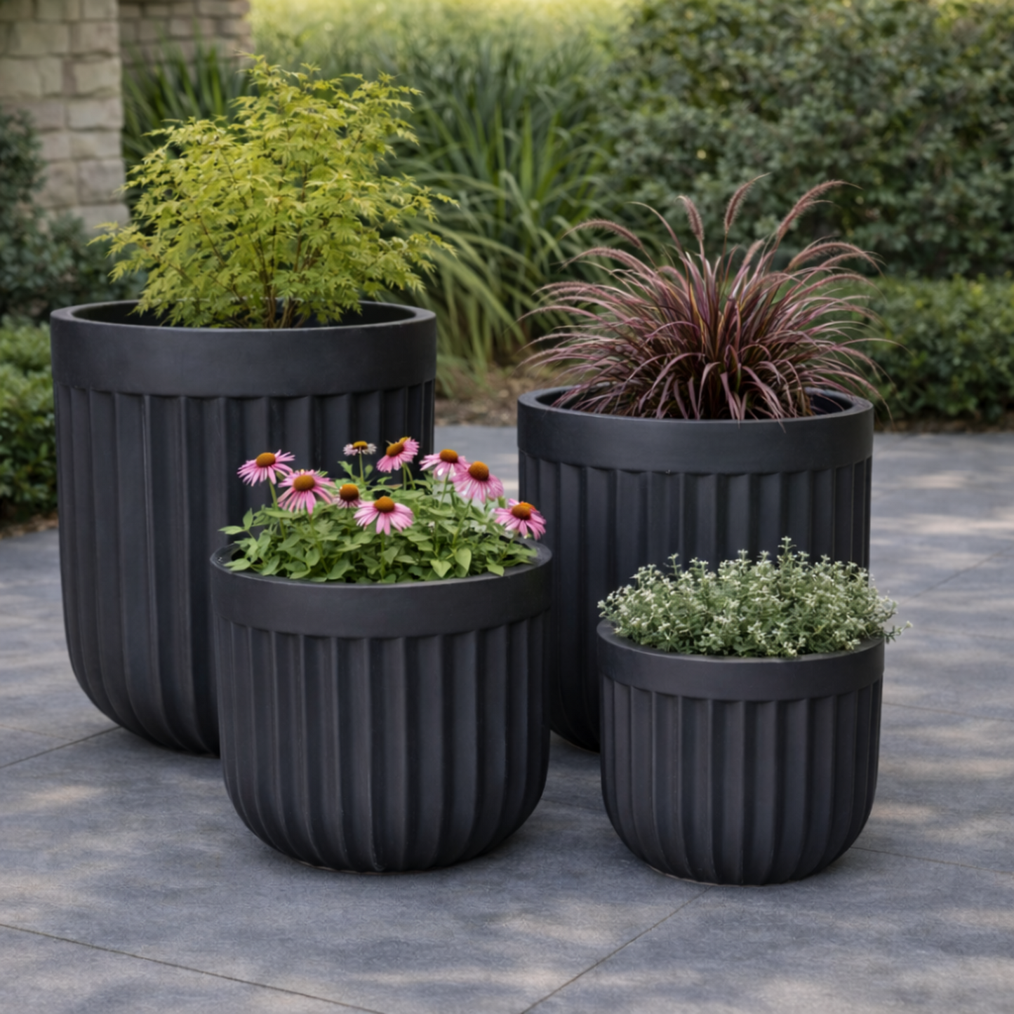 Black Tuscan ribbed egg pot with a smooth, rounded design, perfect for cooking and serving eggs in a stylish kitchen.