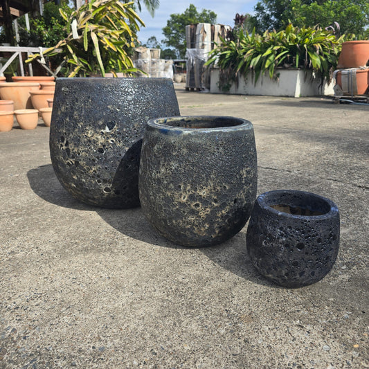 Black Atlantis Belly Egg Pot by The Nurso, 23cm x 21cm, showcasing its unique rounded shape and glossy finish.