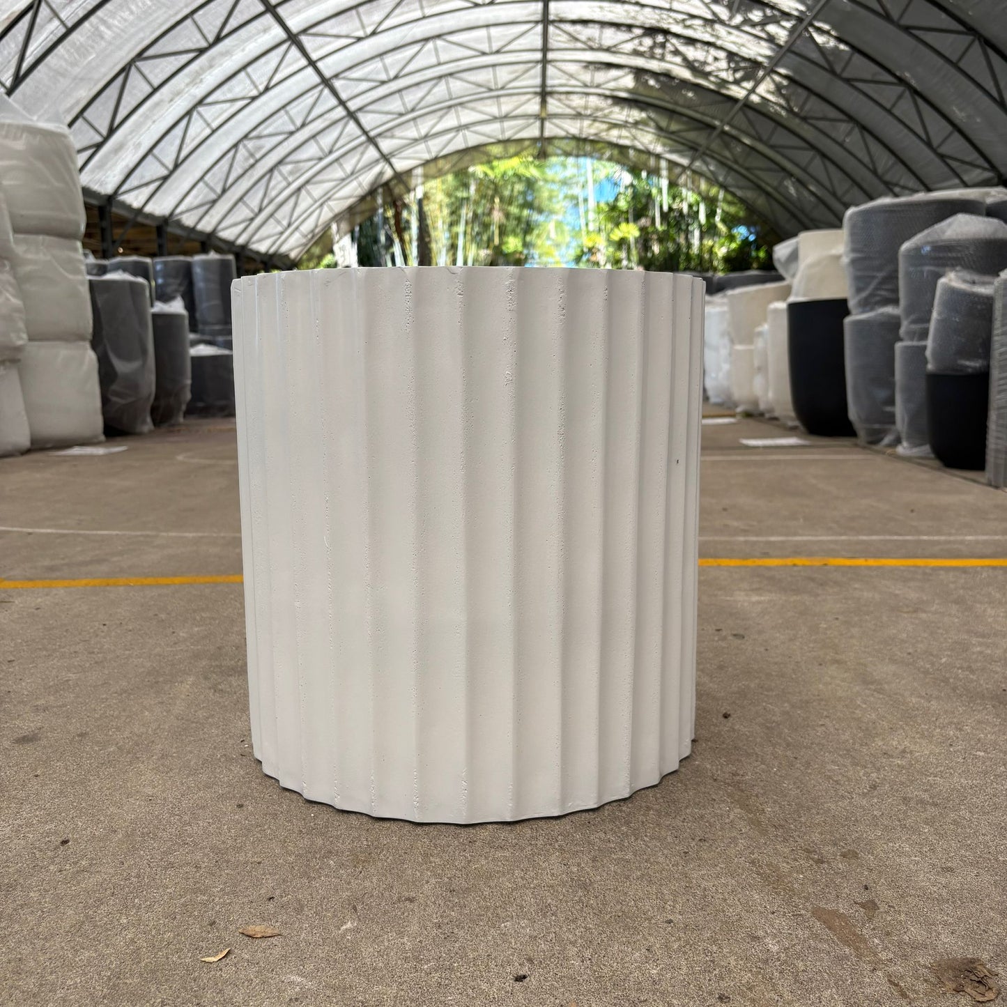 White Cedar Ribbed Cylinder Pot with vertical ribbed texture, 23cm height and 20cm diameter, ideal for indoor plants.