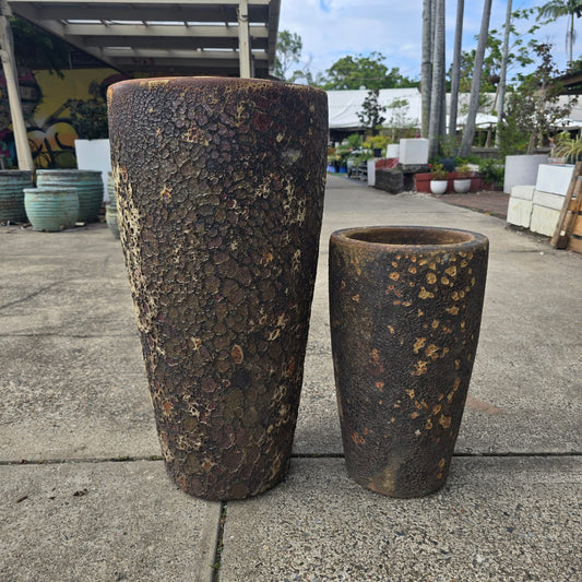 Rust-colored Atlantis Narrow U Pot by The Nurso, 30cm wide and 60cm tall, featuring a sleek U-shaped design for versatile planting.