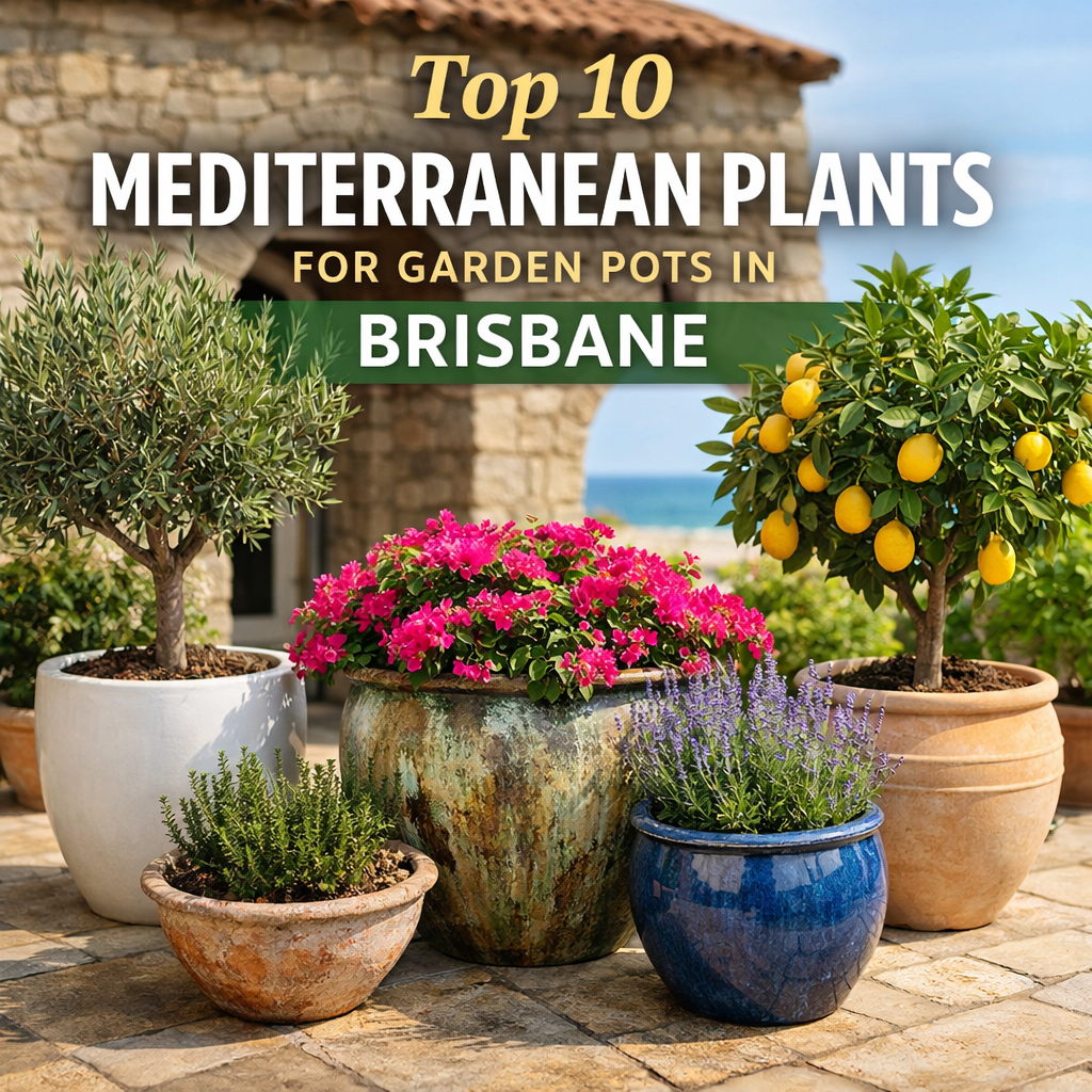 Mediterranean plants in large garden pots Brisbane including olive tree, bougainvillea and citrus in fibreglass and glazed pots