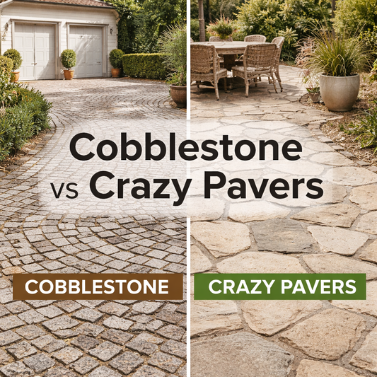 Cobblestone driveway vs crazy paving pool area Brisbane natural stone pavers comparison