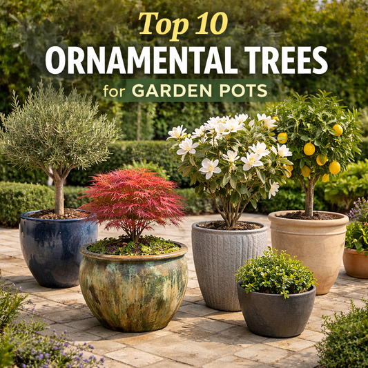 Ornamental trees in large garden pots Brisbane including olive tree, magnolia and citrus in fibreglass and glazed planters