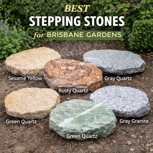 Natural stone stepping stones Brisbane including sesame yellow, rusty quartz, gray quartz, green quartz and gray granite