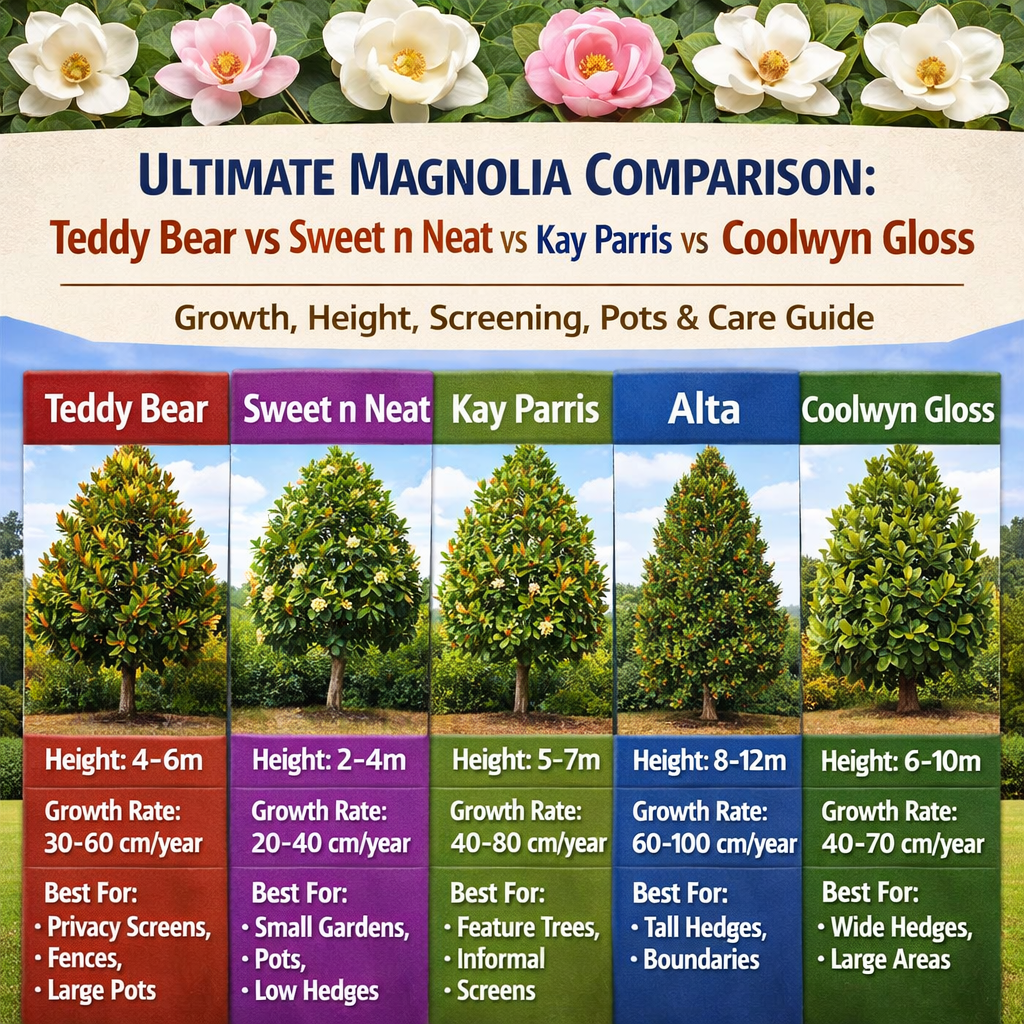 Best Magnolia Trees for Screening, Fences and Pots in Australia: Teddy Bear vs Sweet n Neat vs Kay Parris vs Alta vs Coolwyn Gloss