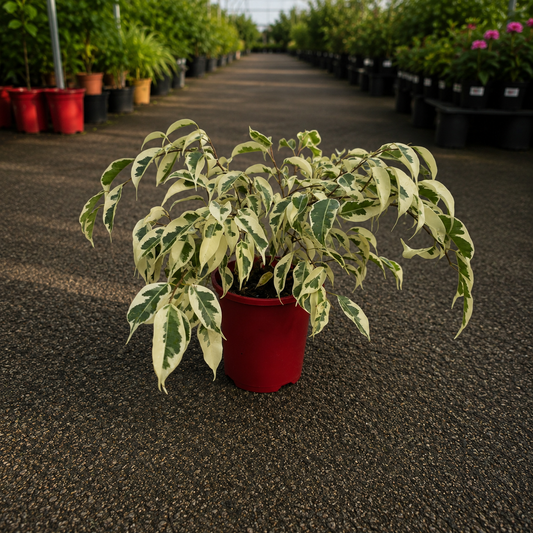 Ficus benjamina Starlight in a decorative pot, showcasing lush variegated green and yellow foliage, from The Nurso.