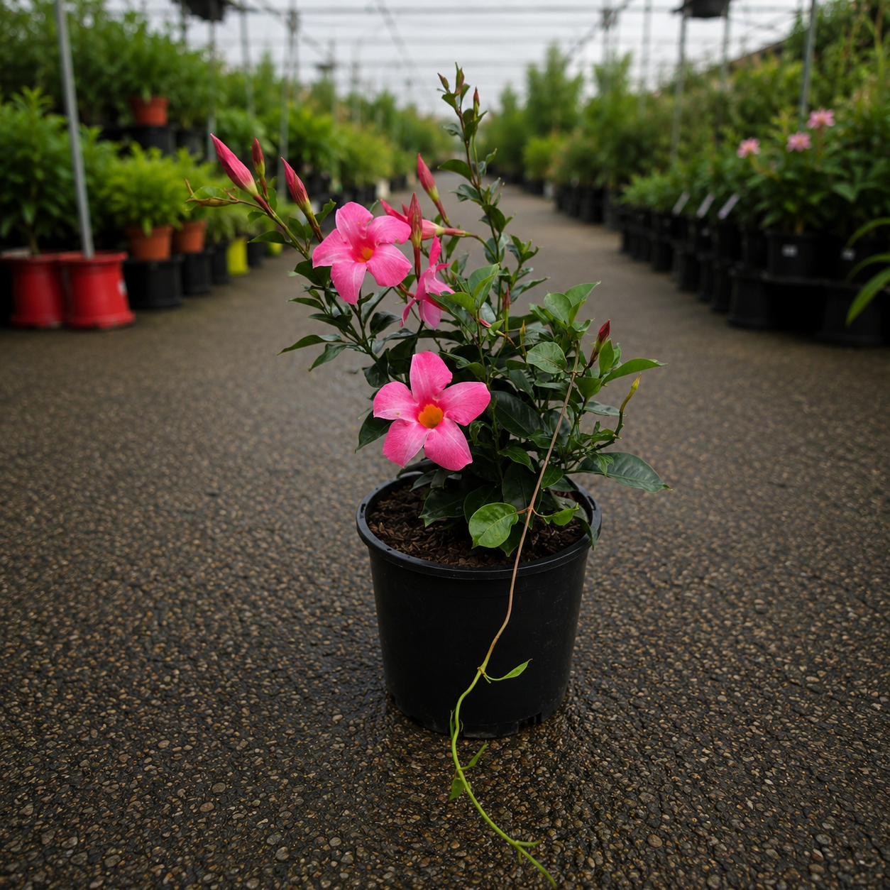 Bright pink Mandevilla ‘Bright Pink’ flowering plant by The Nurso with vibrant blooms and lush green foliage.