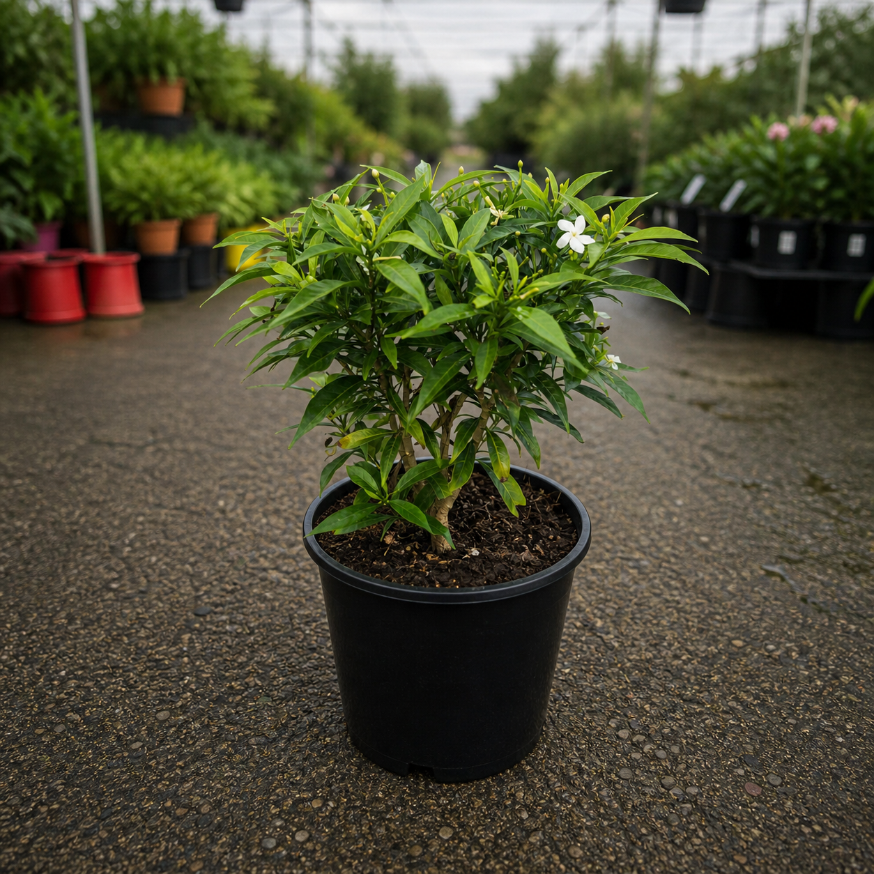 Dwarf Crape Jasmine Tabernaemontana divaricata ‘Little Emerald’ shrub with lush green foliage and small white flowers, by The Nurso.