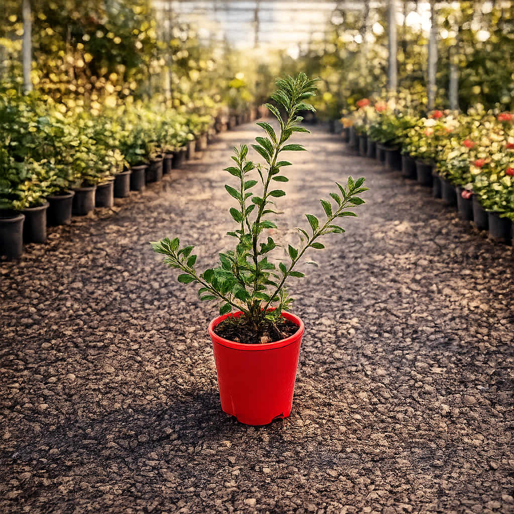 Evergreen Azalea ‘Red Wings’ by The Nurso with vibrant red flowers and glossy green leaves, shown in full bloom.