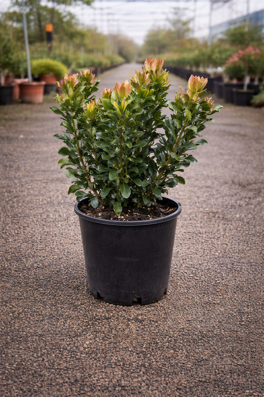 White Rhaphiolepis indica ‘Alba’ Indian Hawthorn shrub with white blossoms and lush green foliage, cultivated by The Nurso.