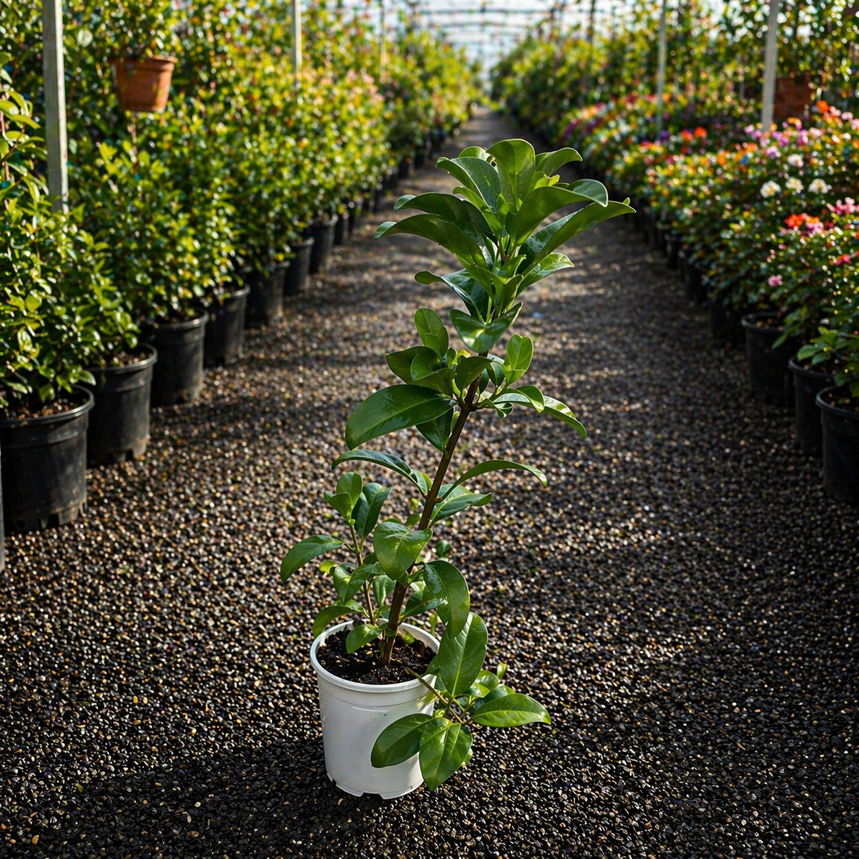 Sweet Viburnum Viburnum odoratissimum shrub from The Nurso with lush green foliage and white fragrant flowers.