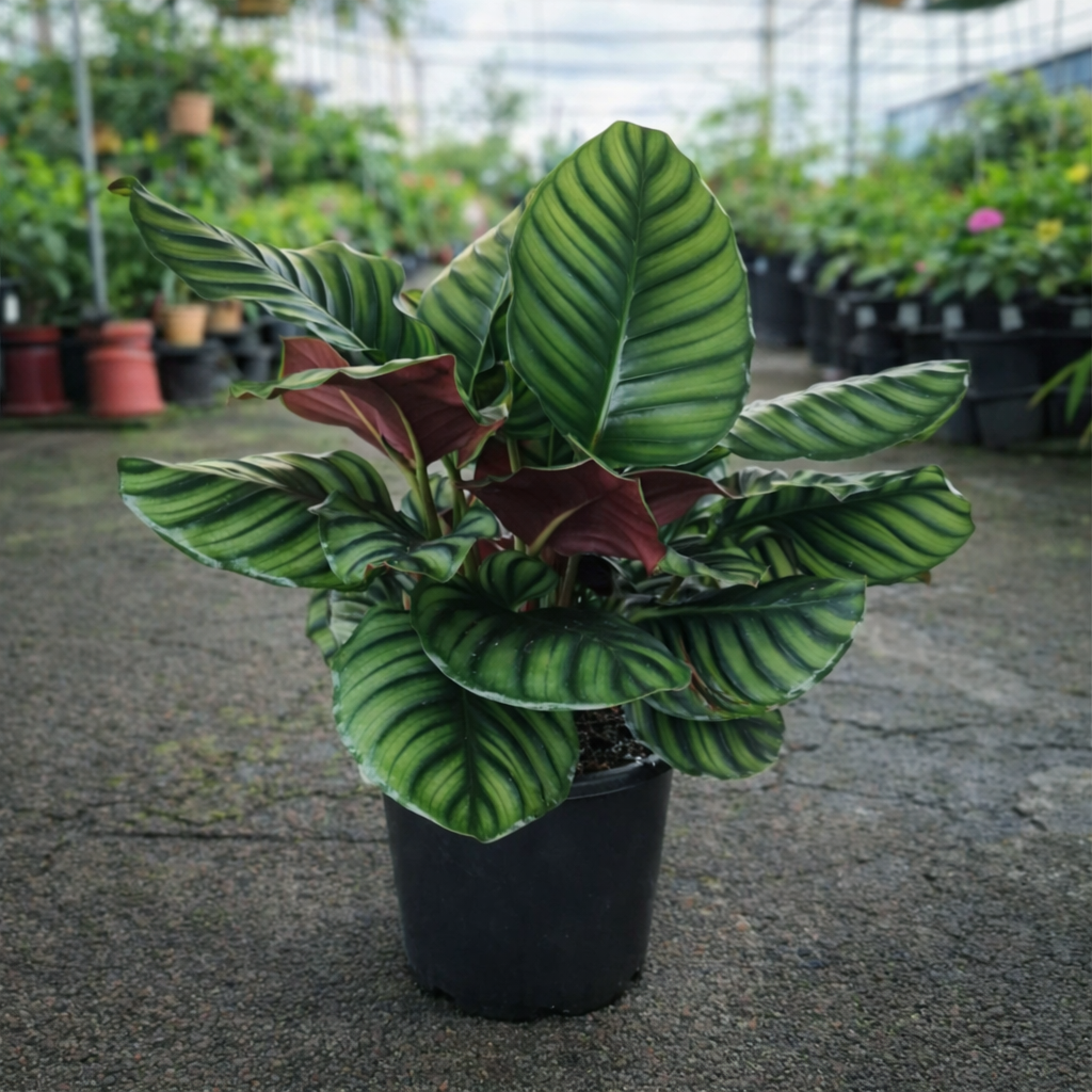 Calathea fasciata houseplant by The Nurso showing vibrant green and patterned leaves with purple undersides.
