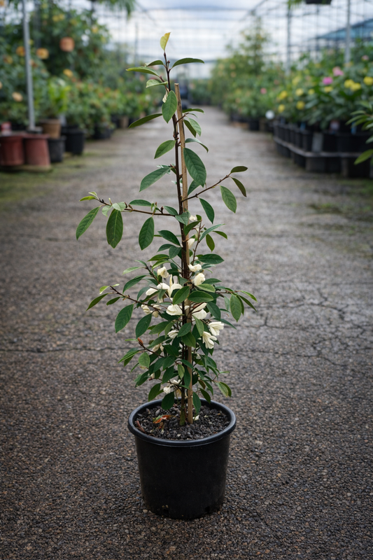 Michelia ‘Fairy Cream’ Magnolia flower showing creamy white blossoms with lush green leaves, from The Nurso.