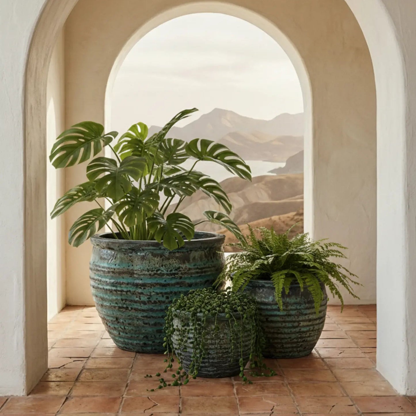 Green Atlantis ribbed ceramic pot for plants with a textured surface, ideal for home or garden decor.