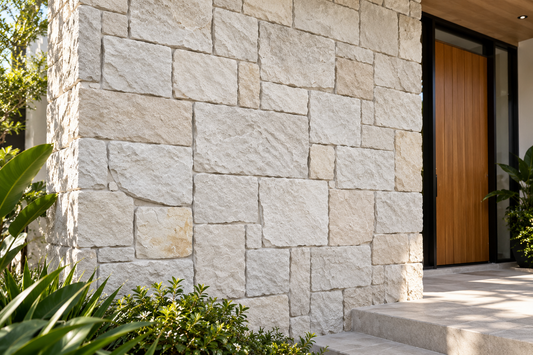 White mixed sandstone castle-shaped stone entry wall by The Nurso, showcasing detailed castle design and natural textured stone surfaces.