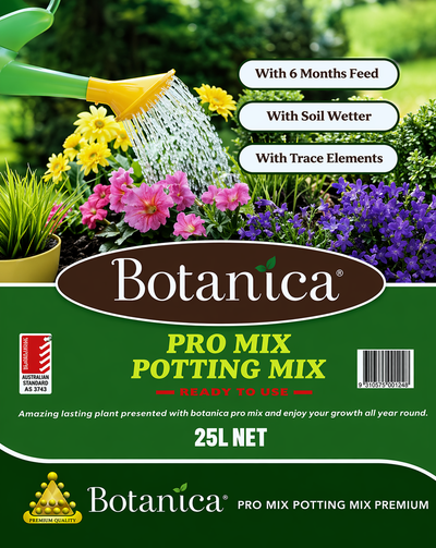Pro Mix 25L Botanica potting mix bag with lush, healthy plants and gardening supplies for healthy plant growth.