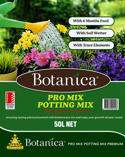 Pro Mix 50L Botanica potting mix by The Nurso, showing a bag of high-quality garden soil and planting media.
