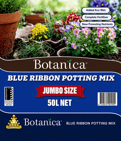 Blue Ribbon 50L Botanica potting mix bag from The Nurso, showing the colorful packaging and product details.
