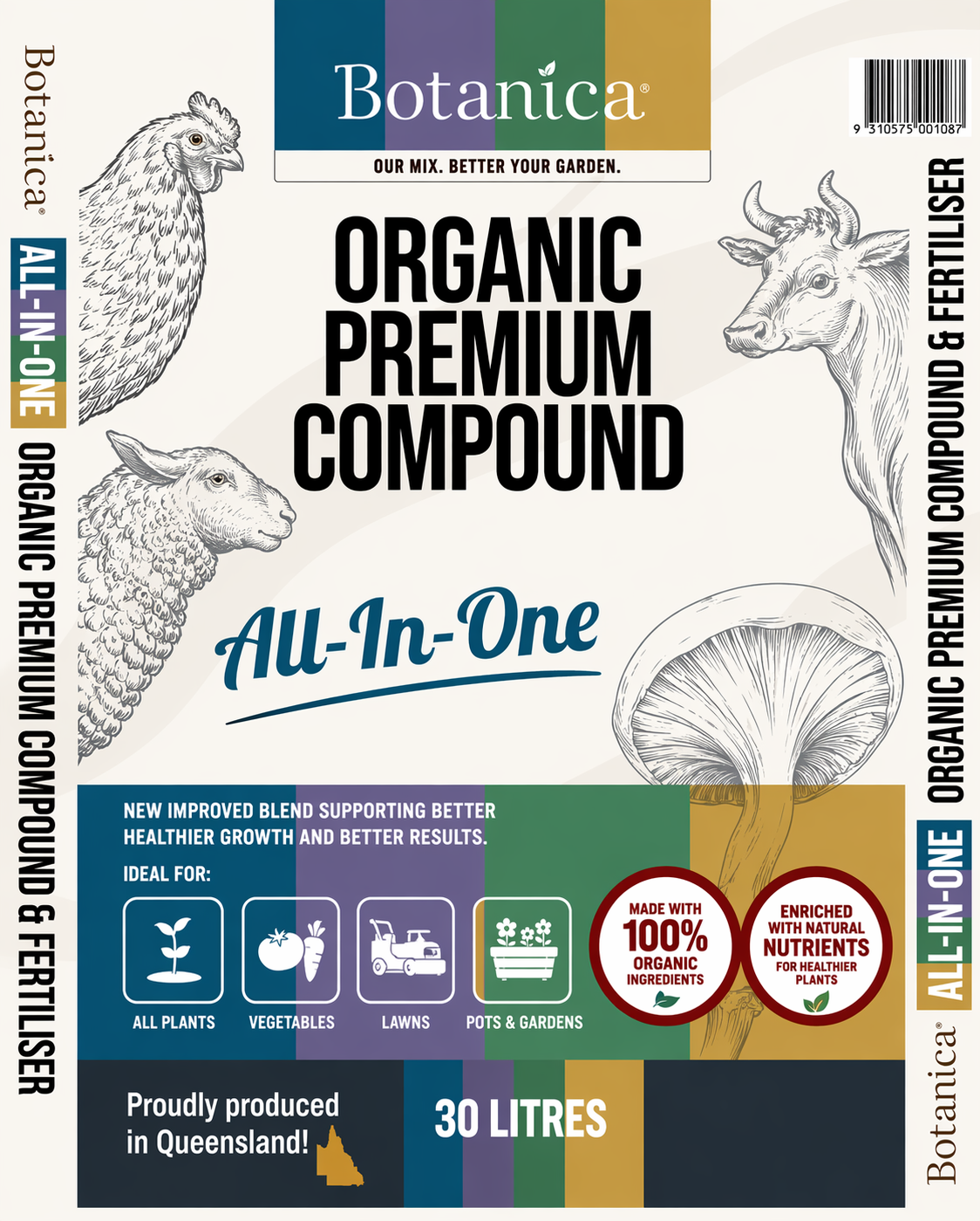 Organic premium compound in a 30L container from The Nurso, used for composting and enriching garden soil.