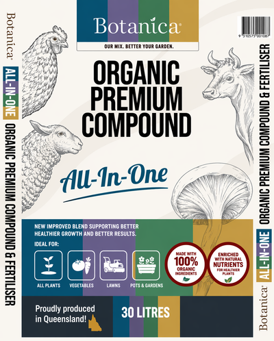 Organic premium compound in a 30L container from The Nurso, used for composting and enriching garden soil.
