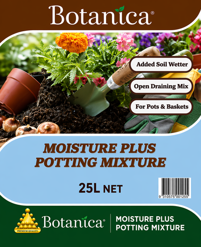 Botanica Moisture Plus 25L potting mix by The Nurso, showing rich, dark soil with plant roots and organic matter for healthy growth.