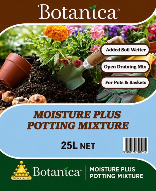 Botanica Moisture Plus 25L potting mix by The Nurso, showing rich, dark soil with plant roots and organic matter for healthy growth.