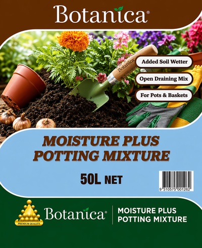 Botanica Moisture Plus 50L potting mix by The Nurso, showing a bag of rich, organic planting soil for healthy plant growth.
