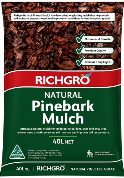 Pine bark mulch 40L bag from Richgro, with natural pine bark pieces ideal for garden mulching and soil moisture retention