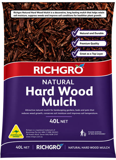 Richgro Hard Wood Mulch 40L from The Nurso, showing dark, textured wood mulch in a garden setting for premium landscaping.