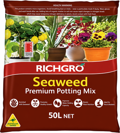 Pro Seaweed Mix 25L by Richgro Potting Mix, showing a bag of nutrient-rich gardening soil with seaweed ingredients