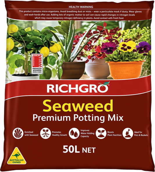 Pro Seaweed Mix 25L by Richgro Potting Mix, showing a bag of nutrient-rich gardening soil with seaweed ingredients