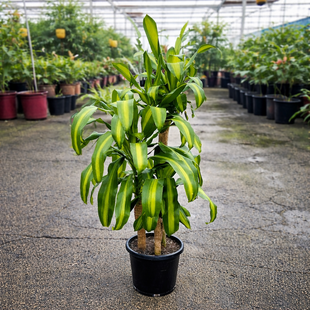 Healthy Dracaena Massangeana houseplant with green and yellow striped leaves in a pot, by The Nurso.