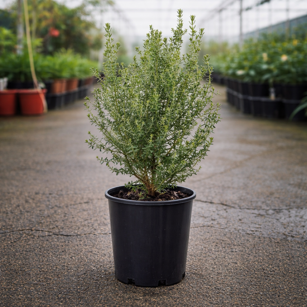 Westringia fruticosa Coastal Rosemary shrub from The Nurso, showing green, foliage with small white flowers on a garden plant.