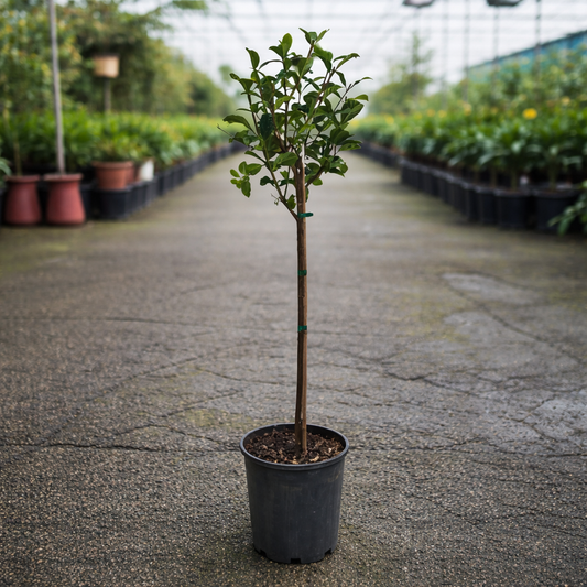The Nurso Gardenia Standards with lush green foliage and white flowering gardenia blooms in a garden setting.