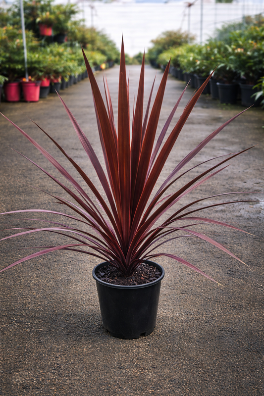 Red Sensation Cordyline plant from The Nurso with vibrant red and green foliage, shown in a decorative pot.