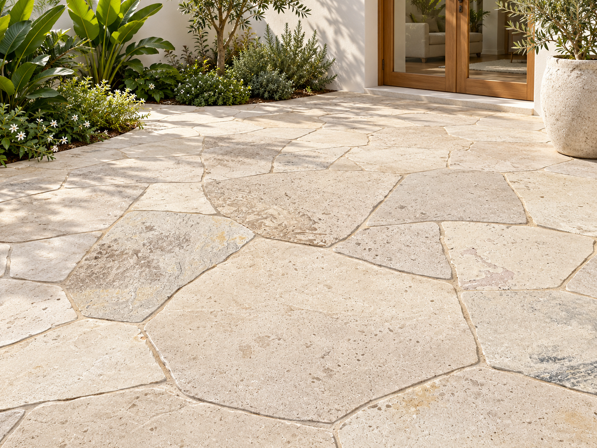Cream travertine crazy paving stone by The Nurso, showing a textured outdoor courtyard with irregular patterned paving.
