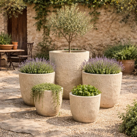 Senera egg pot with volcano finish in cream color, showcasing its textured, volcanic-inspired surface and rounded shape.