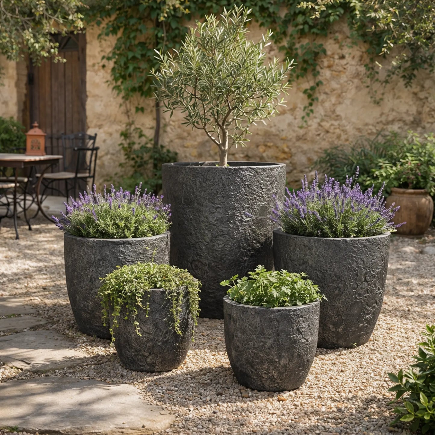 Senera Egg Pot with volcano dark grey finish, showcasing its textured ceramic surface and rounded shape.