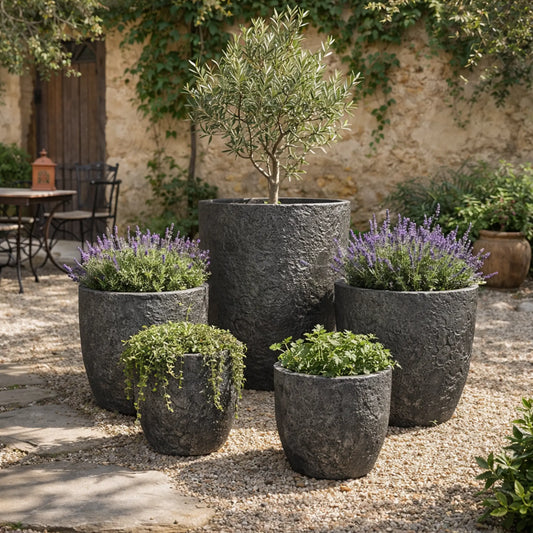Senera Egg Pot with volcano dark grey finish, showcasing its textured ceramic surface and rounded shape.
