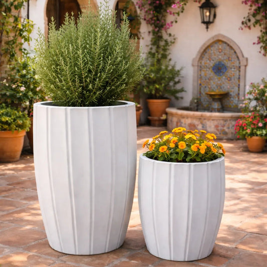 White Tuscan Carve Pot by The Nurso, featuring intricate carved details and a classic shape, ideal for decorative or functional use.