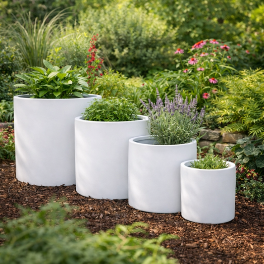 White Tuscan cylinder pot by The Nurso, featuring a classic design perfect for indoor or outdoor plants.
