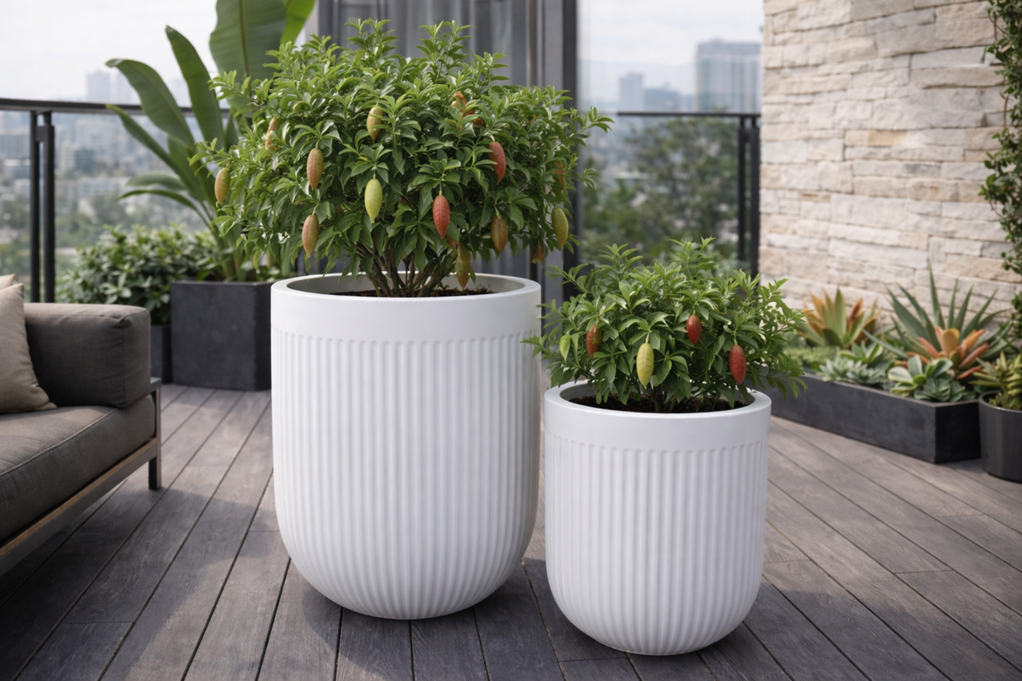 White Tuscan ribbed belly pot by The Nurso, featuring a textured ceramic design for stylish kitchen or garden decor.