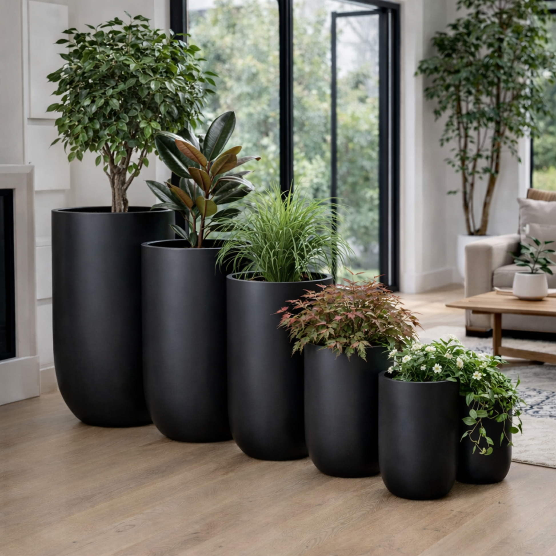 Black Tuscan Tall Cylinder Pot with a sleek, modern design suitable for indoor or outdoor plant display.