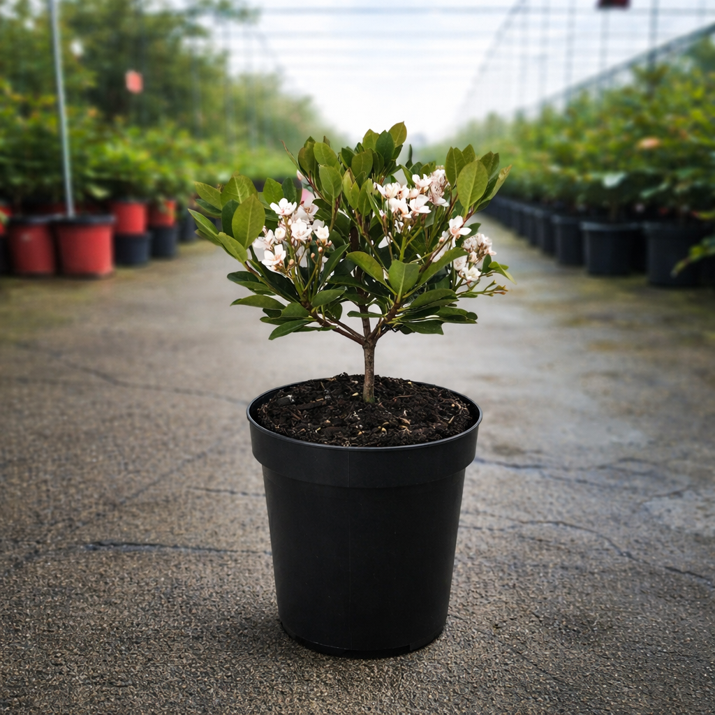 Potted Rhaphiolepis Maximus shrub with vibrant green foliage, displayed in a greenhouse setting.