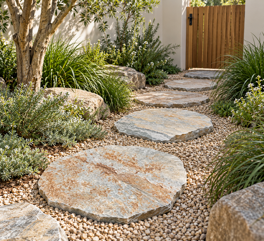 Rustic quartz stepping stones from The Nurso arranged in a Brisbane courtyard pathway, showcasing natural stone textures and earthy tones.