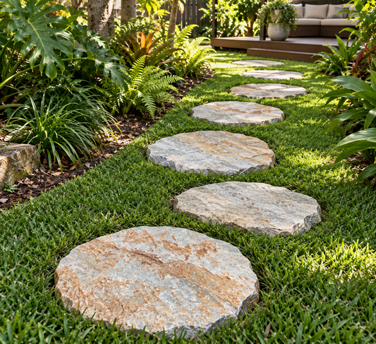 Rustic quartz stepping stones arranged along a garden path in Brisbane, natural stone landscape feature by The Nurso