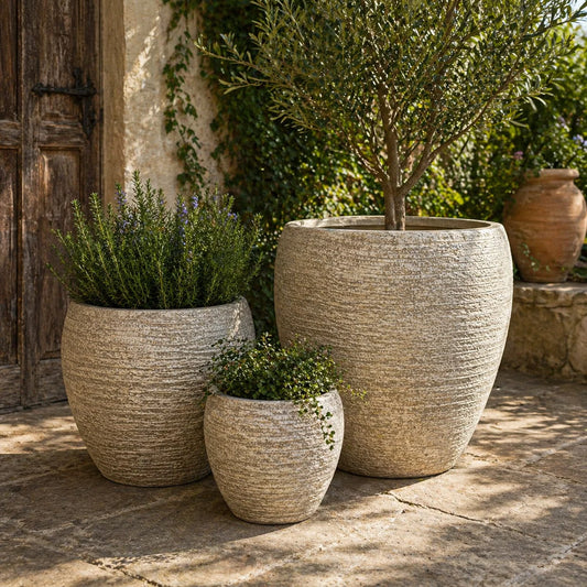 Senera Tall Belly Egg Tex Desert Fibreclay Outdoor Pot | Garden Planter